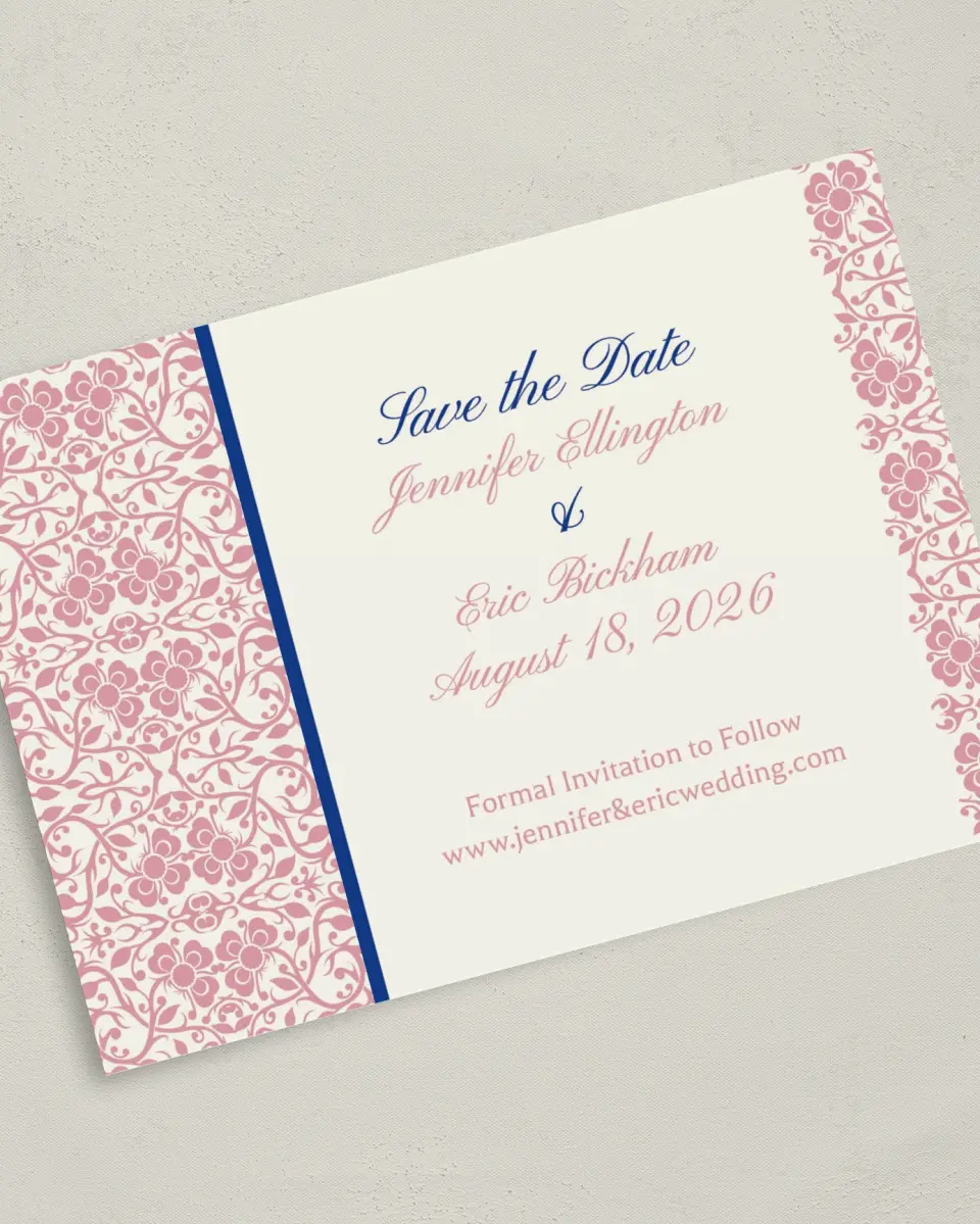 This is a 5" x 7" Save the Date Card called Floral Ornament printed in full color on Premium Smooth paper