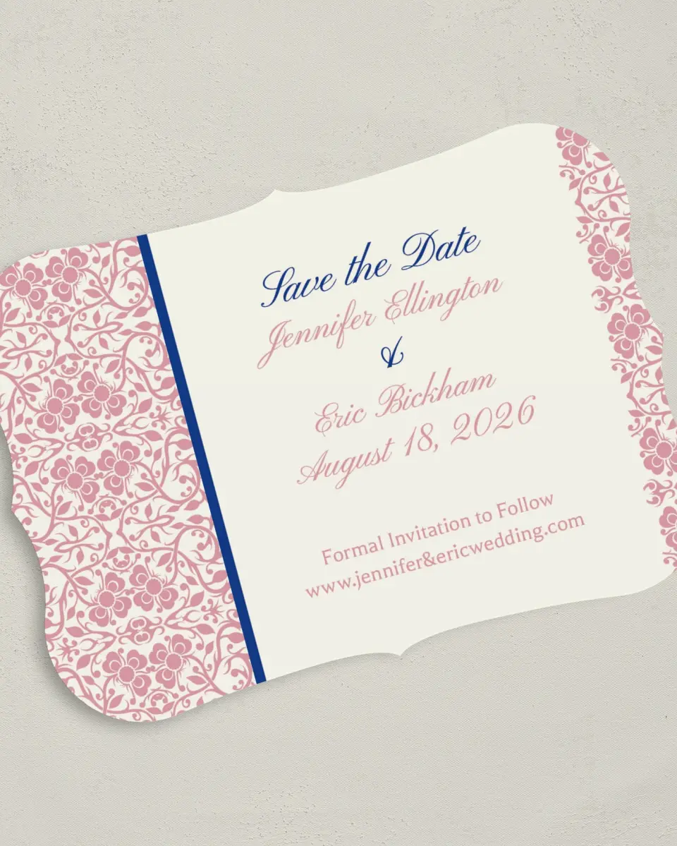 This is a 5" x 7" Save the Date Card called Floral Ornament printed in full color on Premium Smooth paper