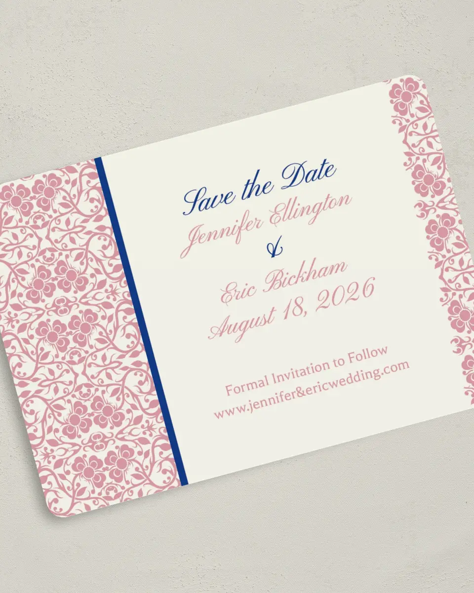 This is a 5" x 7" Save the Date Card called Floral Ornament printed in full color on Premium Smooth paper