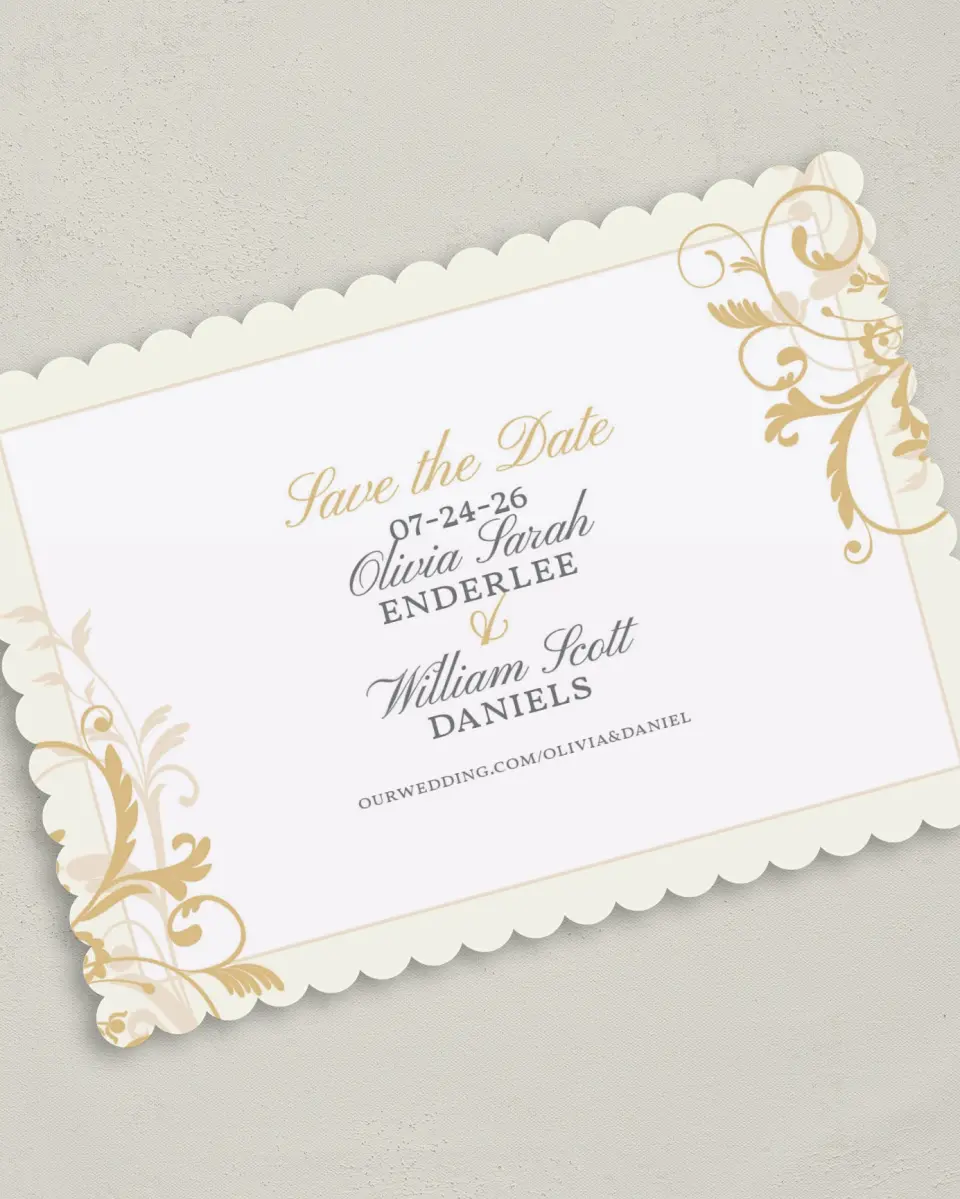 This is a 5" x 7" Save the Date Card called Classic Allure printed in full color on Premium Smooth paper