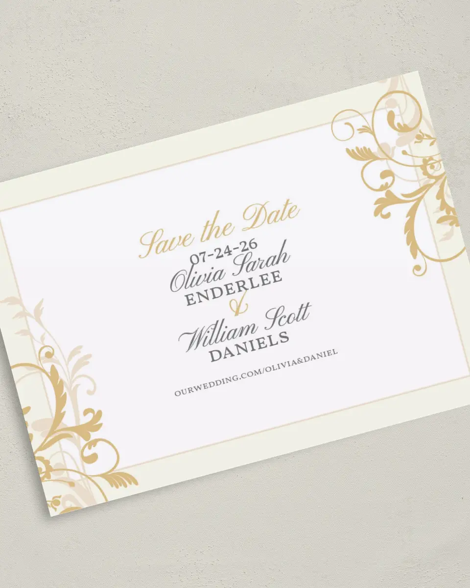 This is a 5" x 7" Save the Date Card called Classic Allure printed in full color on Premium Smooth paper