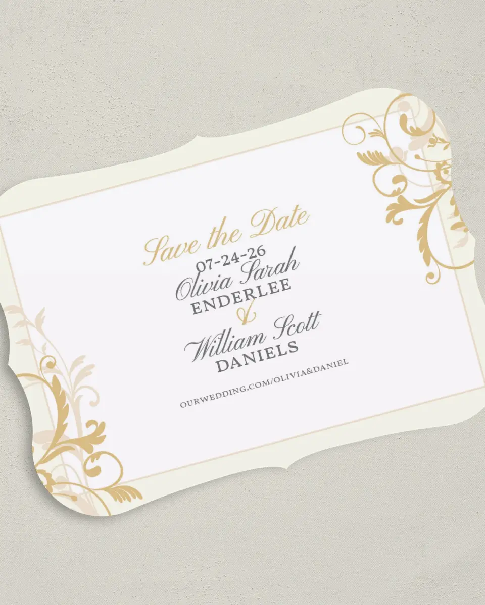 This is a 5" x 7" Save the Date Card called Classic Allure printed in full color on Premium Smooth paper
