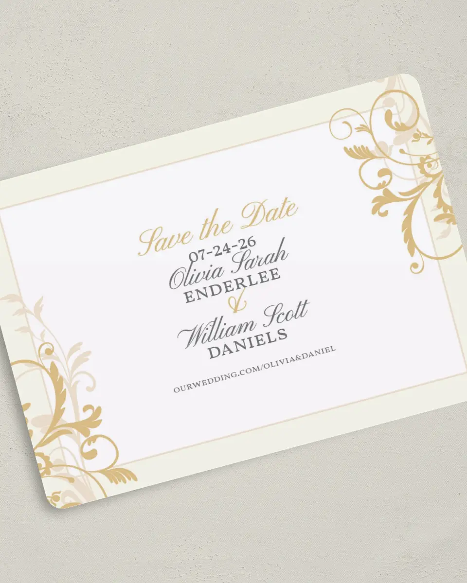 This is a 5" x 7" Save the Date Card called Classic Allure printed in full color on Premium Smooth paper