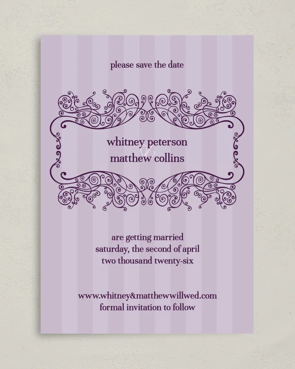 This is a 5" x 7" Save the Date Card called Lovely Lavender printed in full color on Premium Smooth paper