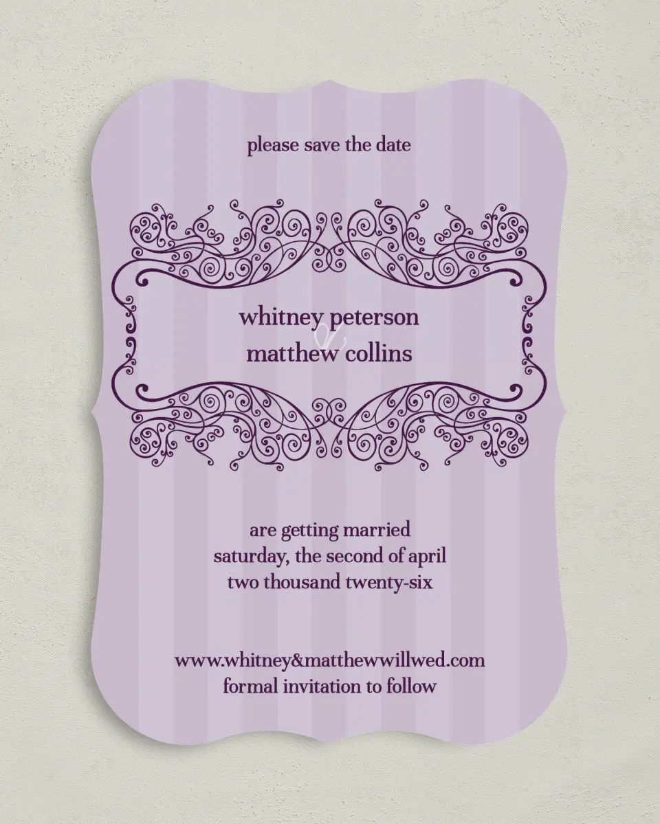 This is a 5" x 7" Save the Date Card called Lovely Lavender printed in full color on Premium Smooth paper