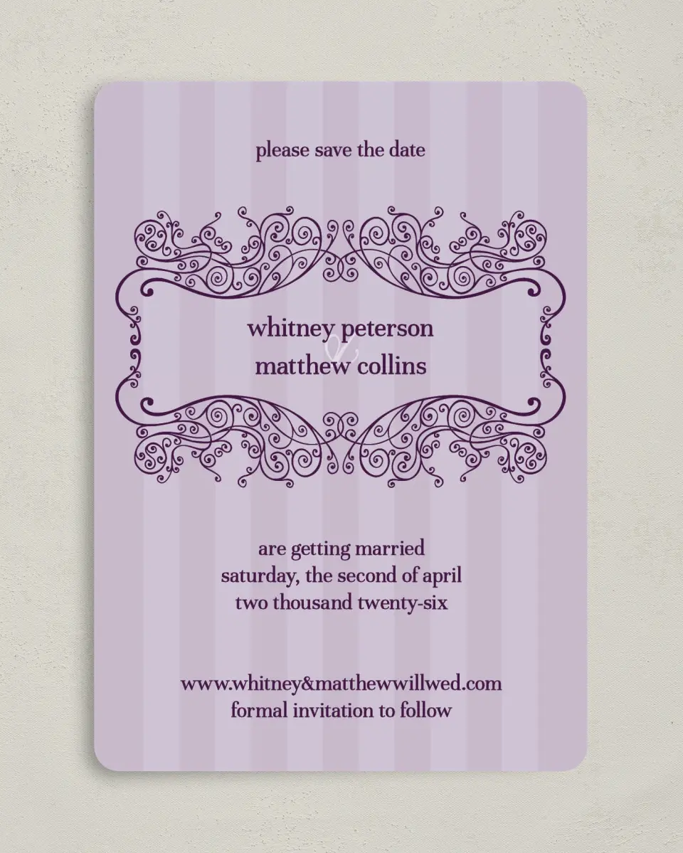 This is a 5" x 7" Save the Date Card called Lovely Lavender printed in full color on Premium Smooth paper