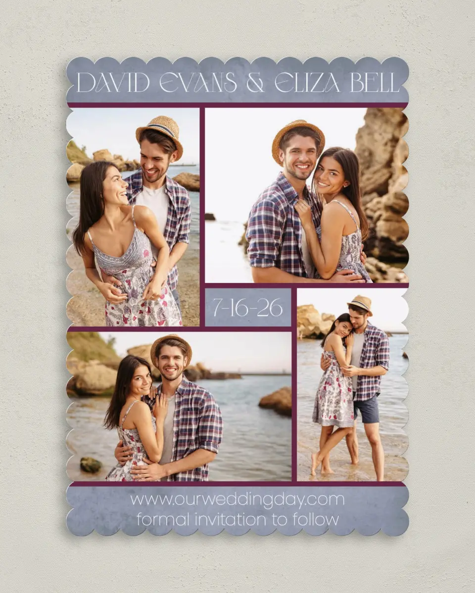 This is a 5" x 7" Save the Date Card called Fetching Frames printed in full color on Premium Smooth paper