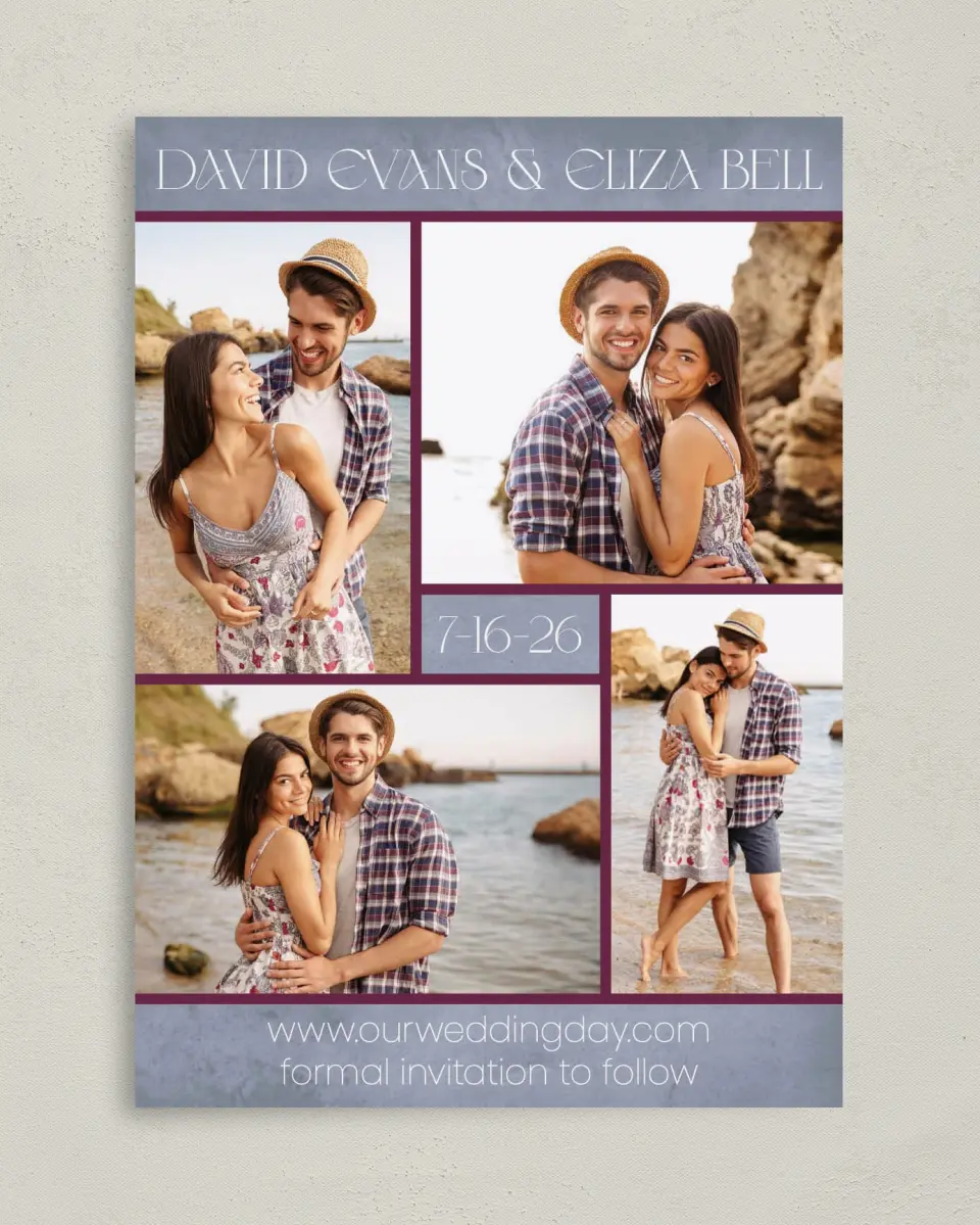 This is a 5" x 7" Save the Date Card called Fetching Frames printed in full color on Premium Smooth paper