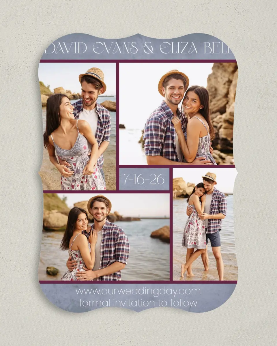 This is a 5" x 7" Save the Date Card called Fetching Frames printed in full color on Premium Smooth paper