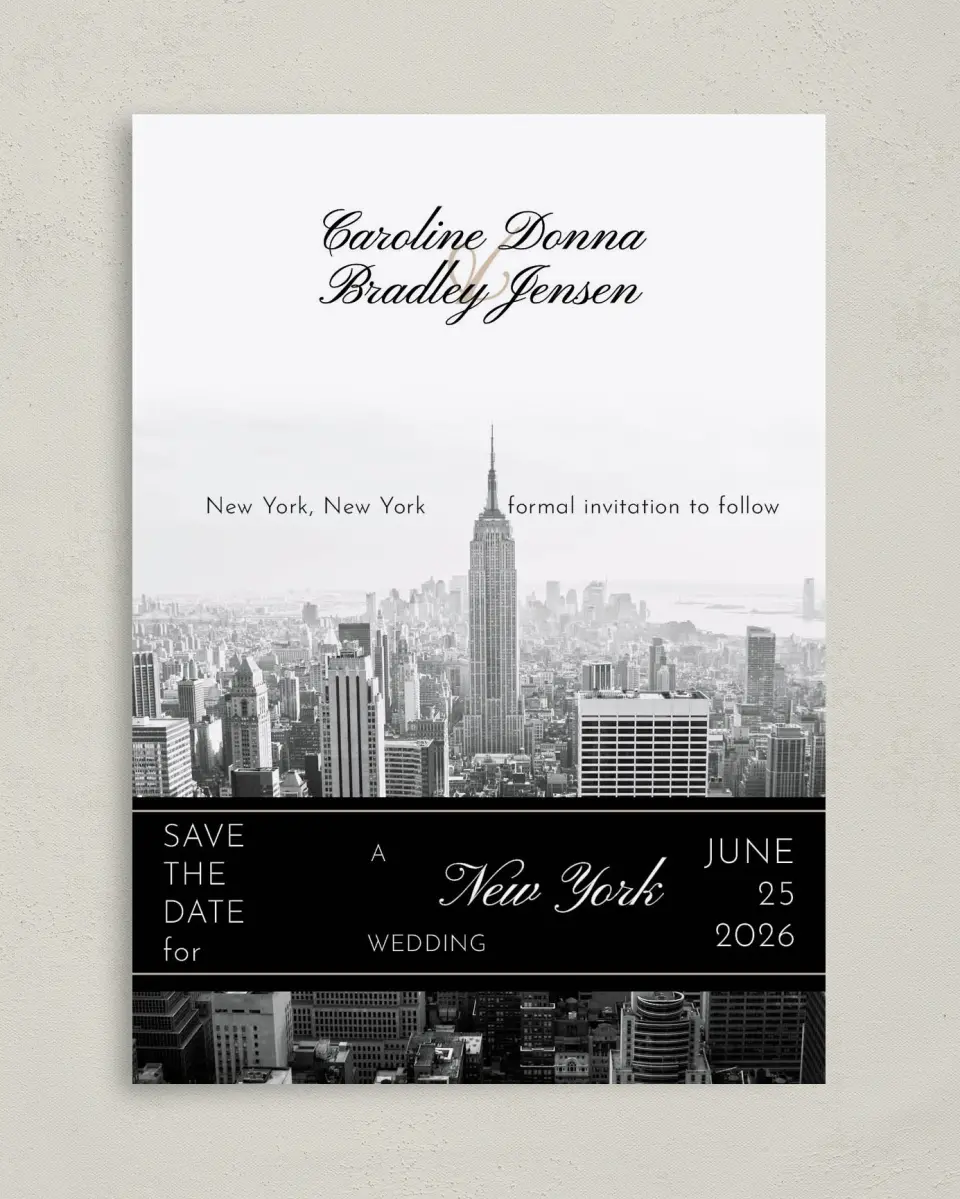 This is a 5" x 7" Save the Date Card called Classic New York printed in full color on Premium Smooth paper