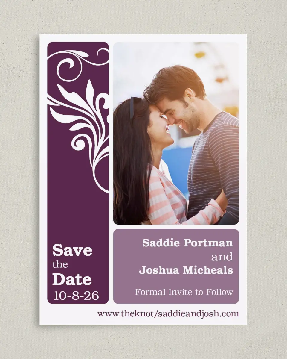 This is a 5" x 7" Save the Date Card called Alluring Affection printed in full color on Premium Smooth paper