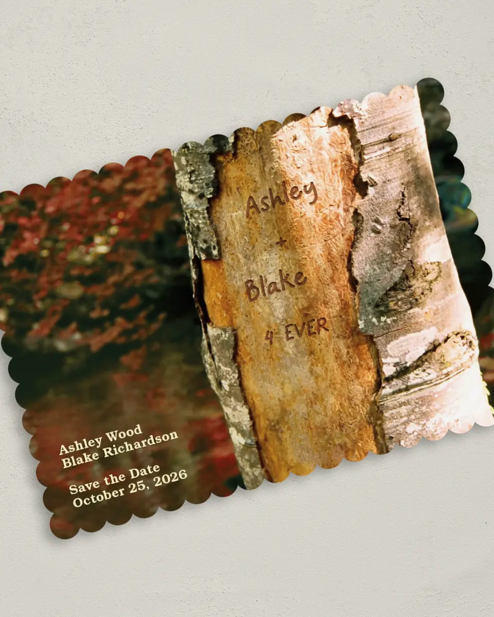 This is a 5" x 7" Save the Date Card called Carved in Love - Autumn printed in full color on Premium Smooth paper