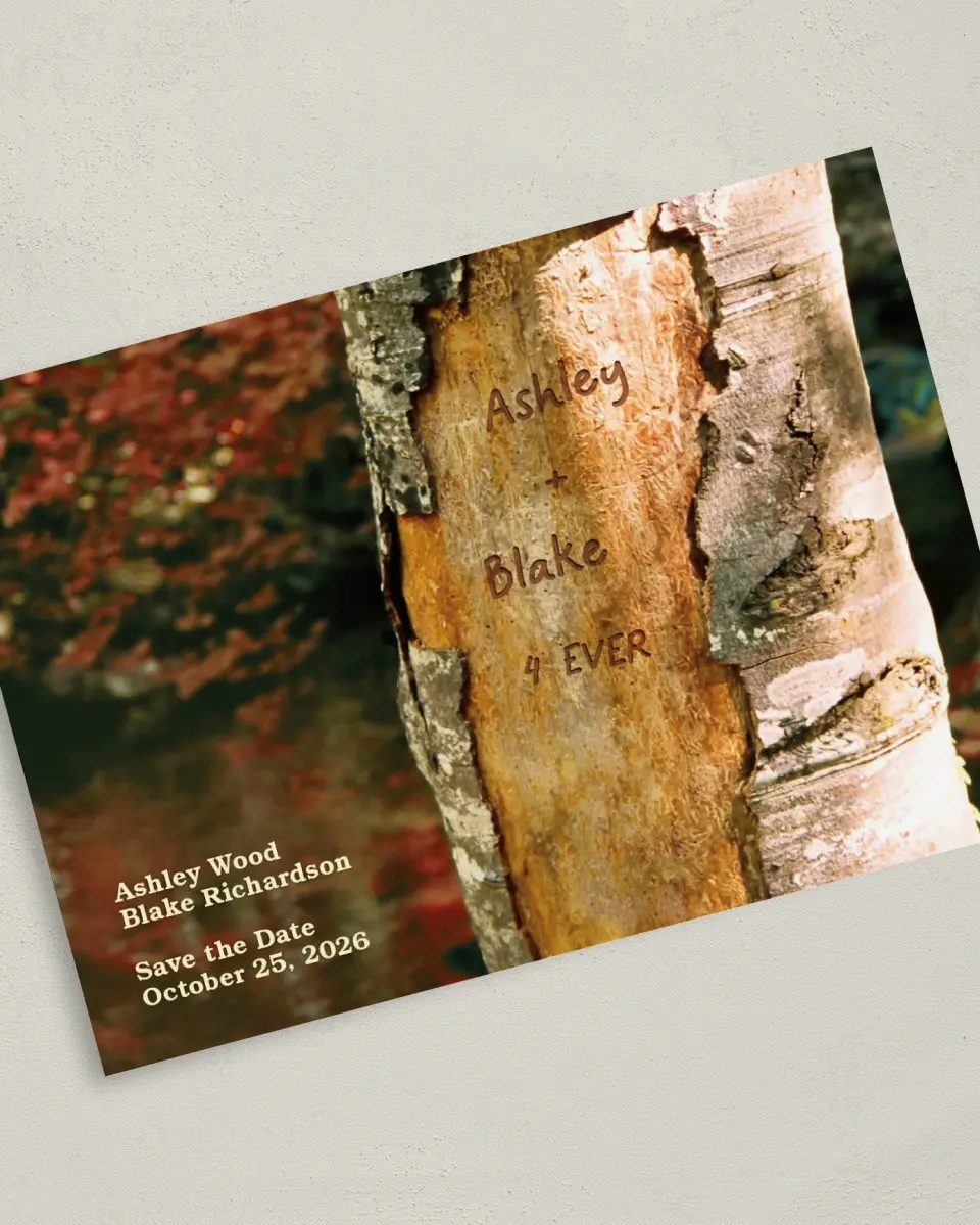 This is a 5" x 7" Save the Date Card called Carved in Love - Autumn printed in full color on Premium Smooth paper