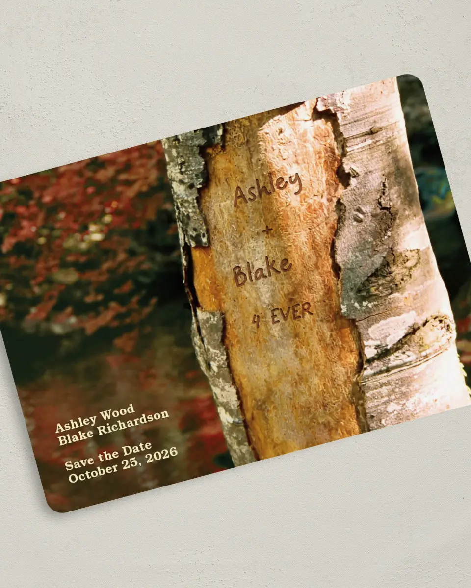 This is a 5" x 7" Save the Date Card called Carved in Love - Autumn printed in full color on Premium Smooth paper