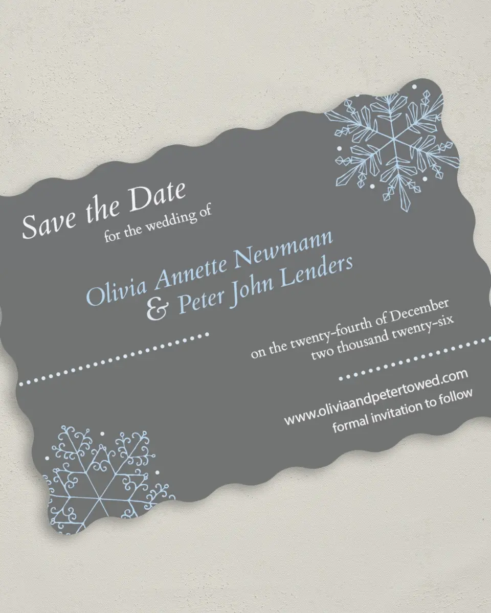 This is a 5" x 7" Save the Date Card called Seasonal Snowflake printed in full color on Premium Smooth paper