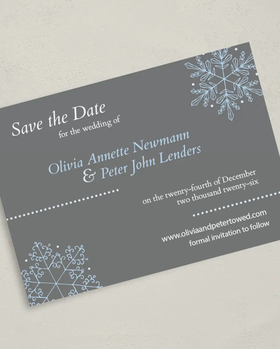 This is a 5" x 7" Save the Date Card called Seasonal Snowflake printed in full color on Premium Smooth paper