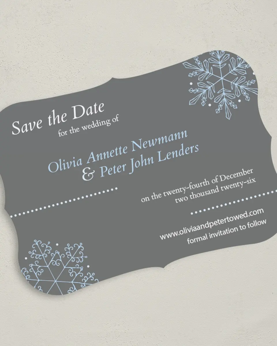 This is a 5" x 7" Save the Date Card called Seasonal Snowflake printed in full color on Premium Smooth paper