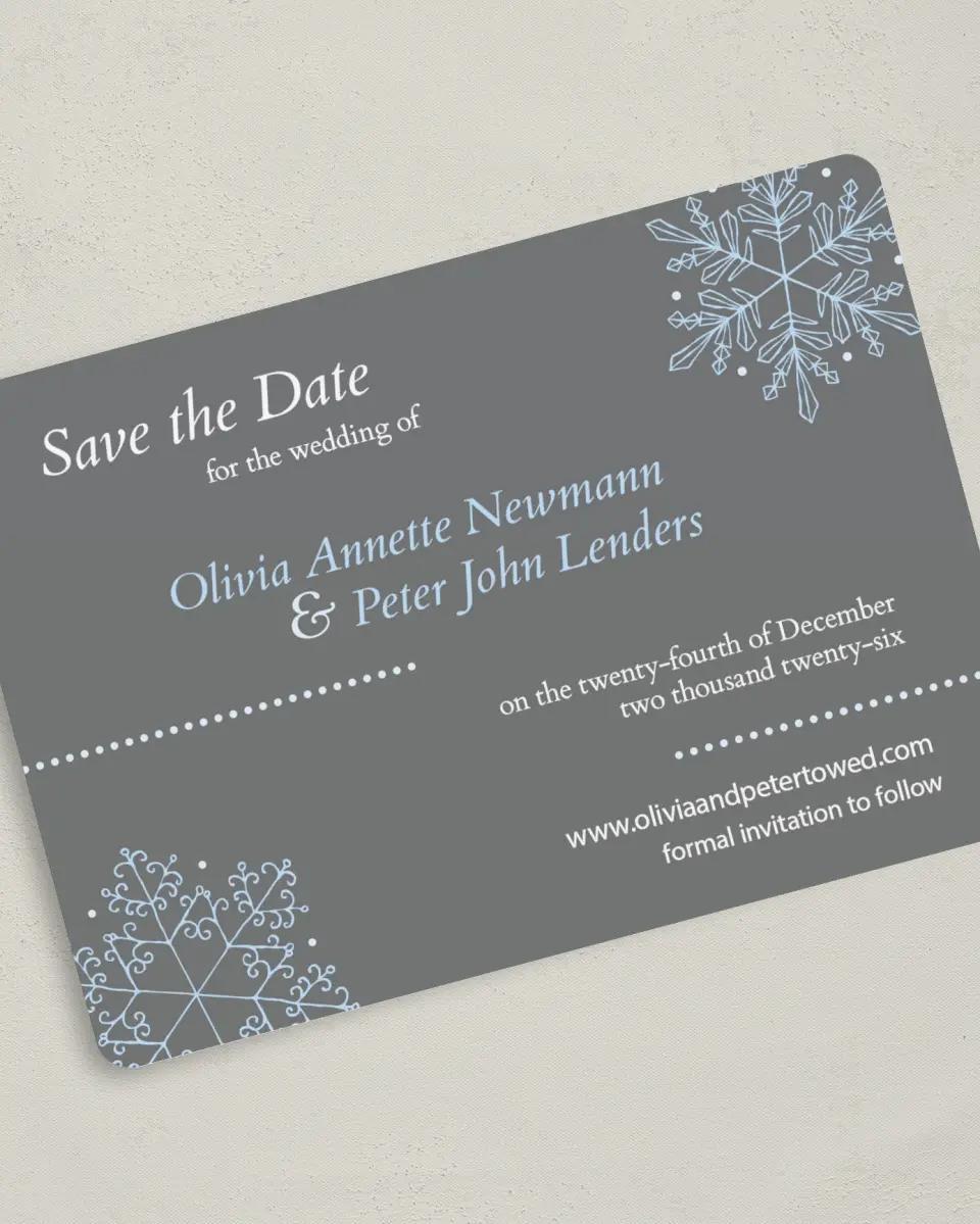 This is a 5" x 7" Save the Date Card called Seasonal Snowflake printed in full color on Premium Smooth paper