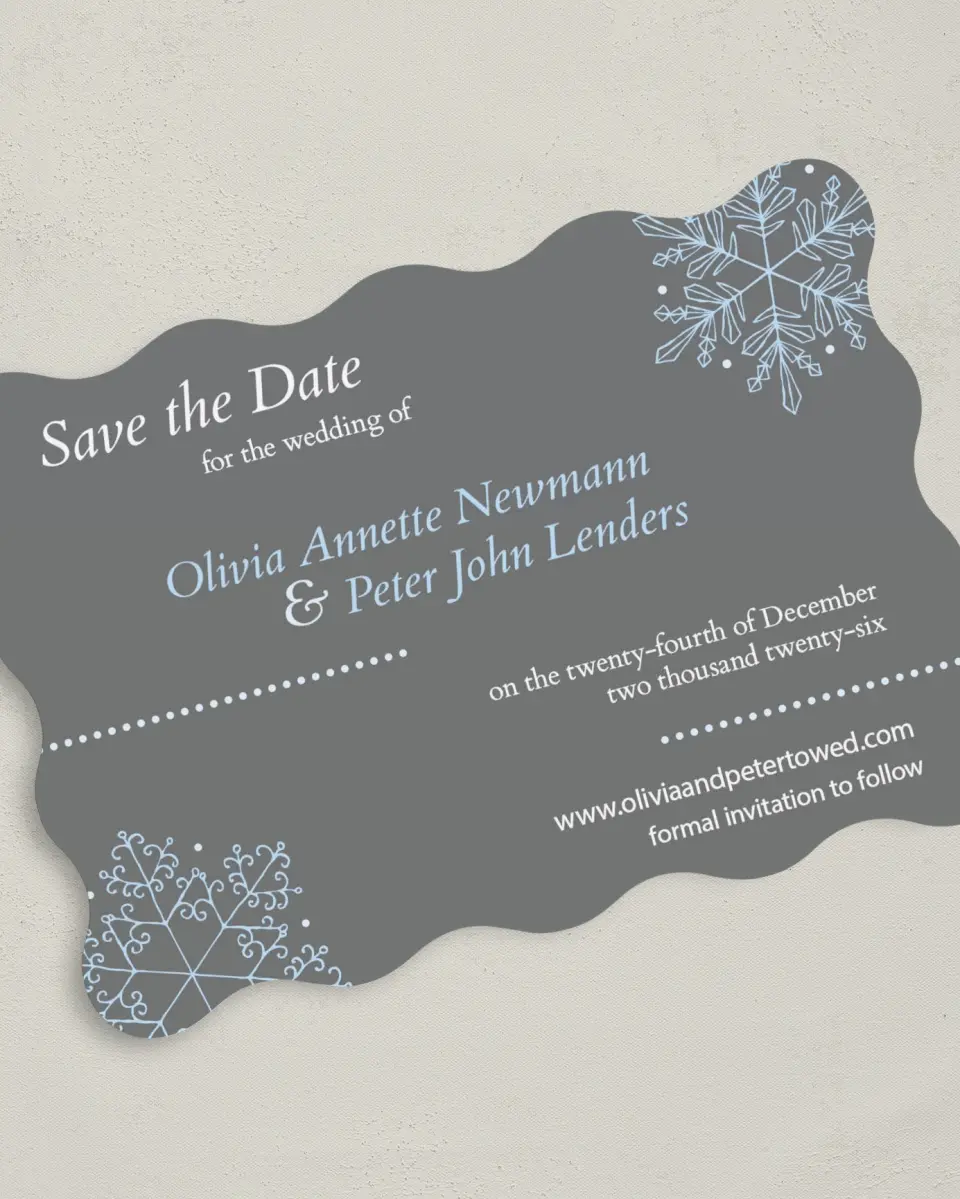 This is a 5" x 7" Save the Date Card called Seasonal Snowflake printed in full color on Premium Smooth paper