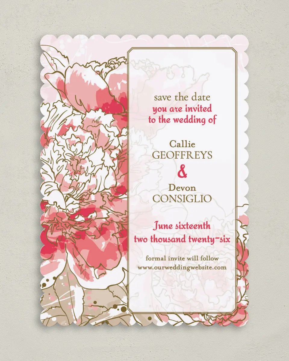 This is a 5" x 7" Save the Date Card called Watercolor Bloom printed in full color on Premium Smooth paper