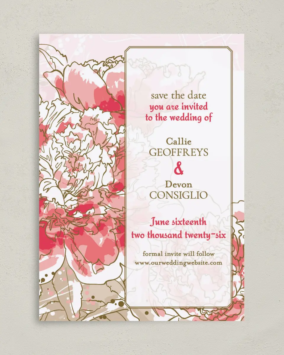 This is a 5" x 7" Save the Date Card called Watercolor Bloom printed in full color on Premium Smooth paper