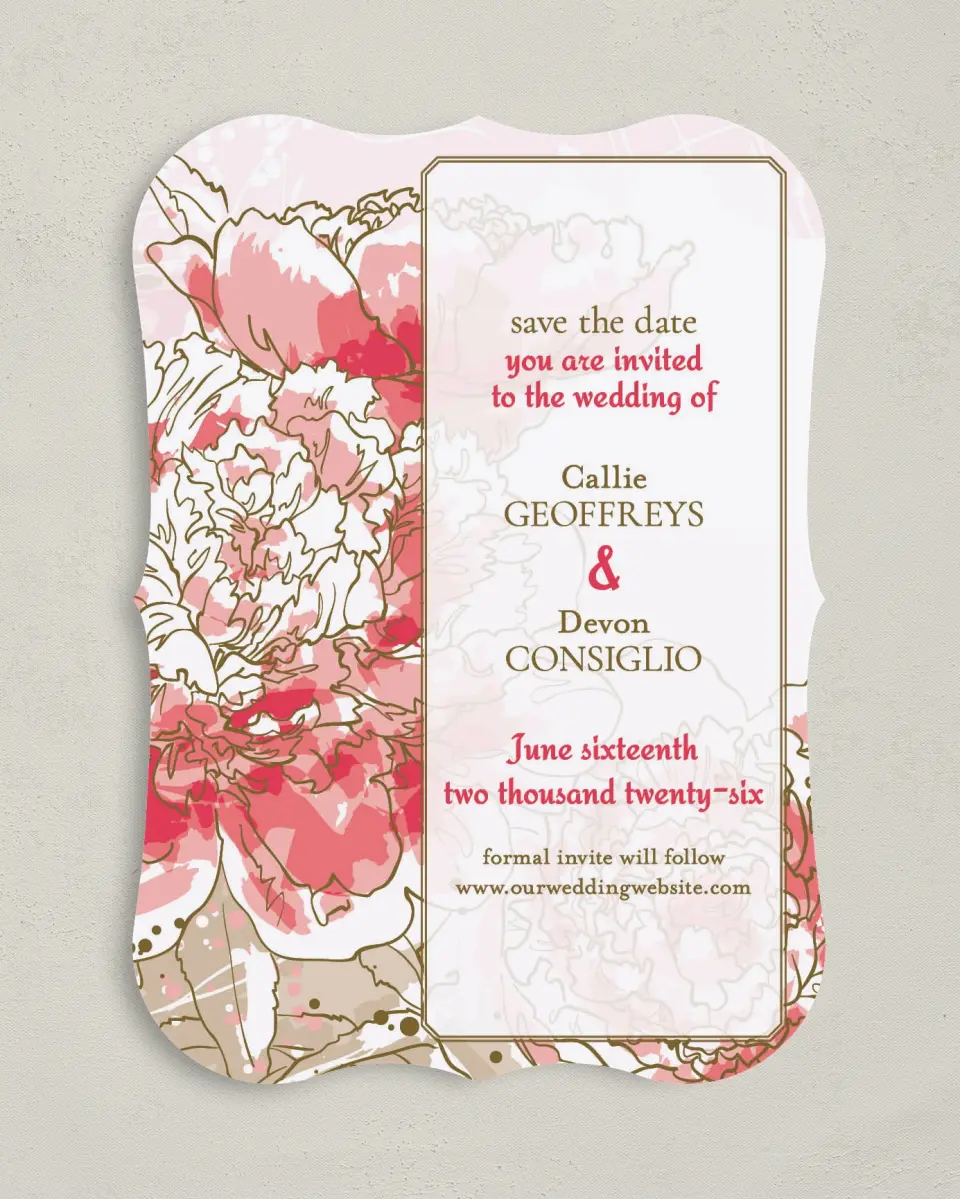 This is a 5" x 7" Save the Date Card called Watercolor Bloom printed in full color on Premium Smooth paper