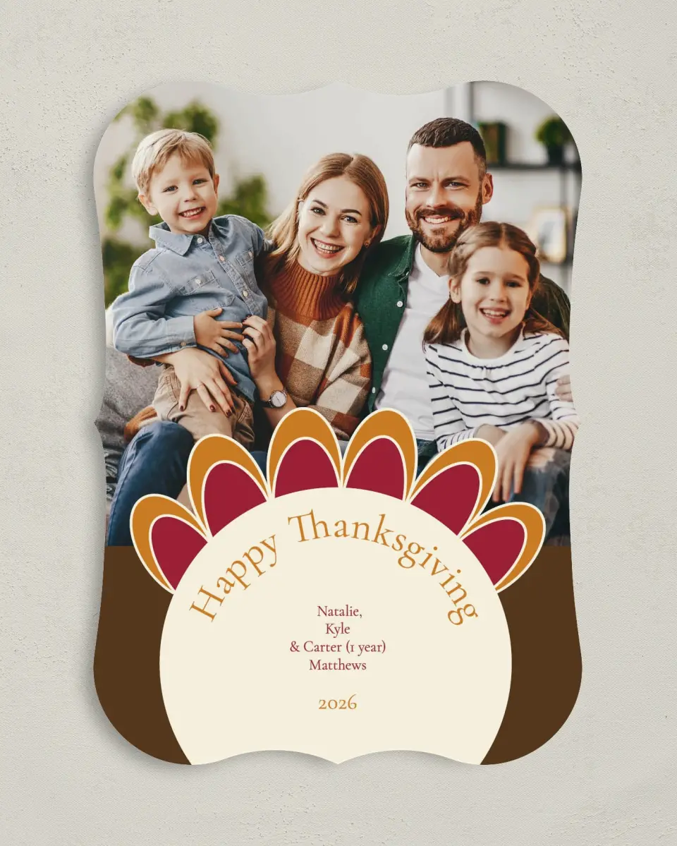 This is a 5" x 7" Thanksgiving Card called Creative Turkey Ornament printed in full color on Premium Smooth paper
