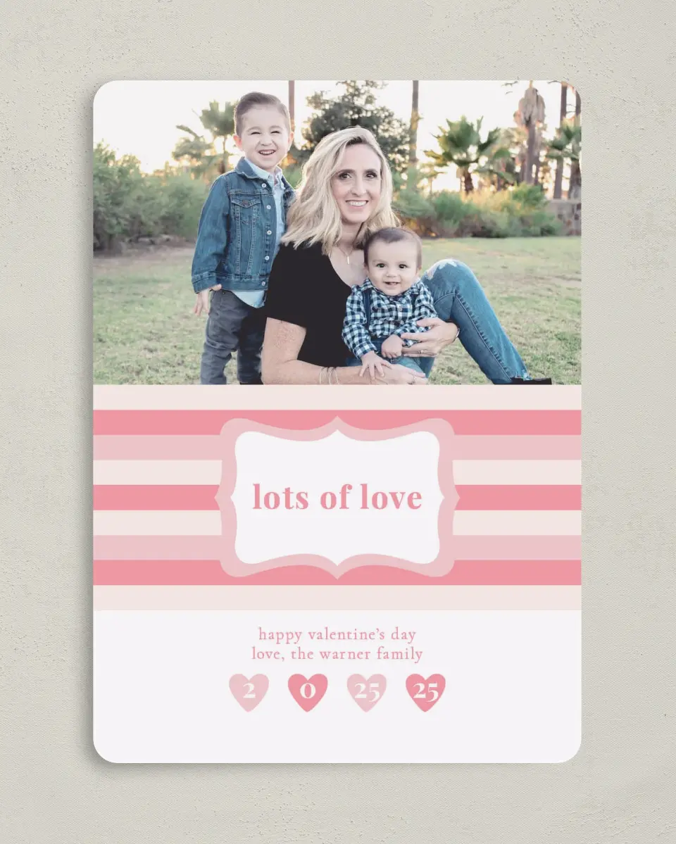 This is a 5" x 7" Valentine's Day Card called Stamp of Hearts and Stripes printed in full color on Premium Smooth paper