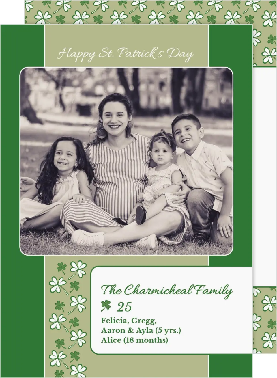 This is a 5" x 7" St. Patrick's Card called Classic Clover Charm printed in full color on Premium Smooth paper