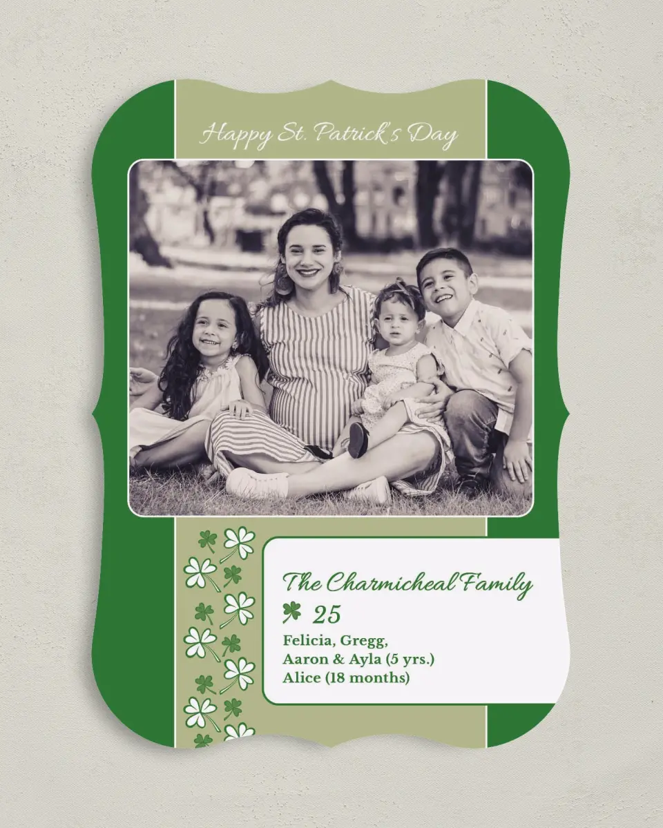 This is a 5" x 7" St. Patrick's Card called Classic Clover Charm printed in full color on Premium Smooth paper