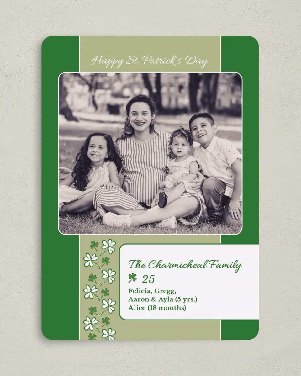 This is a 5" x 7" St. Patrick's Card called Classic Clover Charm printed in full color on Premium Smooth paper