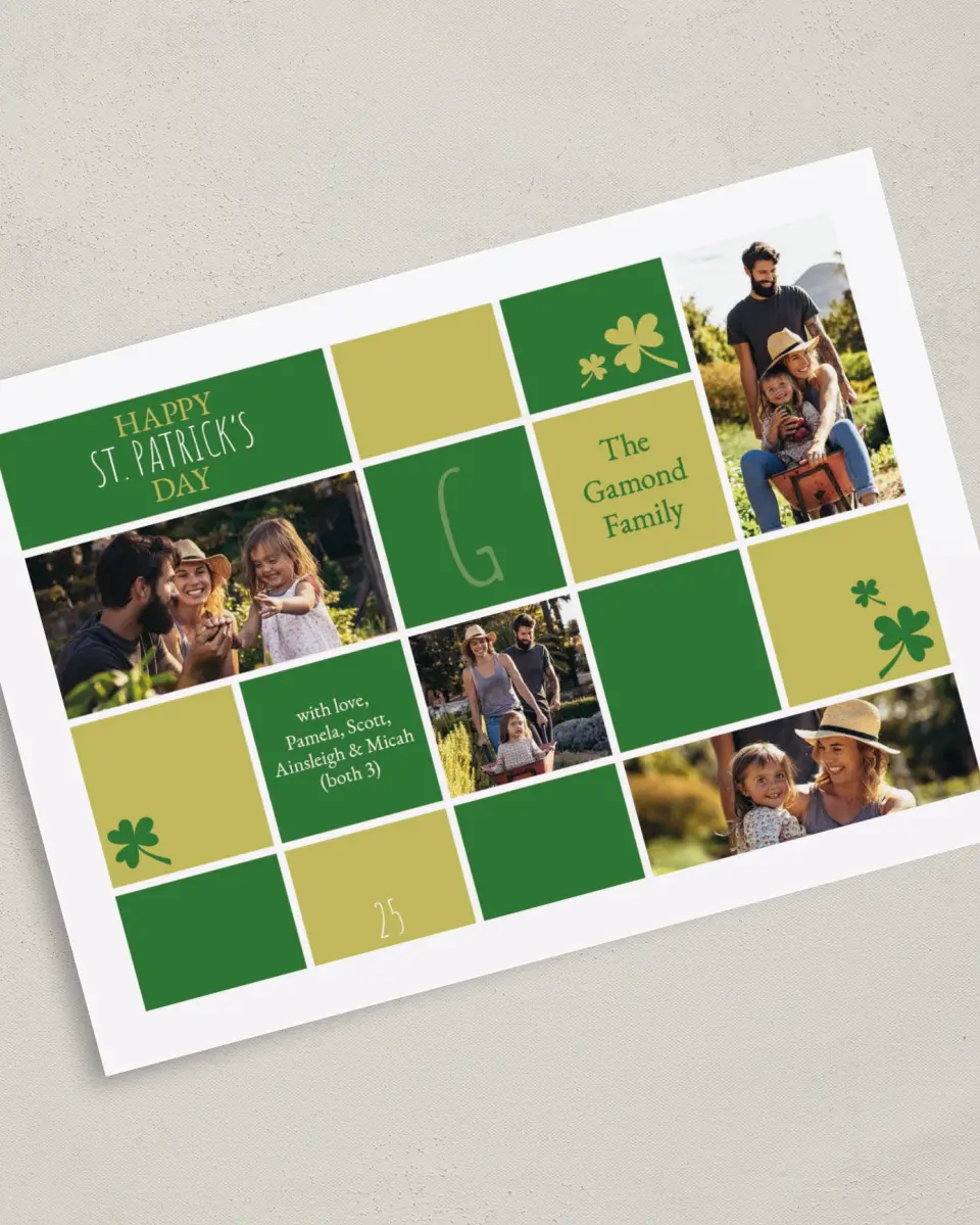 This is a 5" x 7" St. Patrick's Card called Colored Clover Cubes printed in full color on Premium Smooth paper