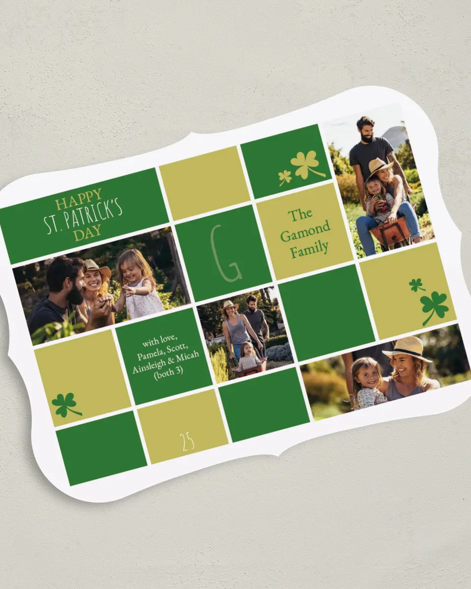 This is a 5" x 7" St. Patrick's Card called Colored Clover Cubes printed in full color on Premium Smooth paper