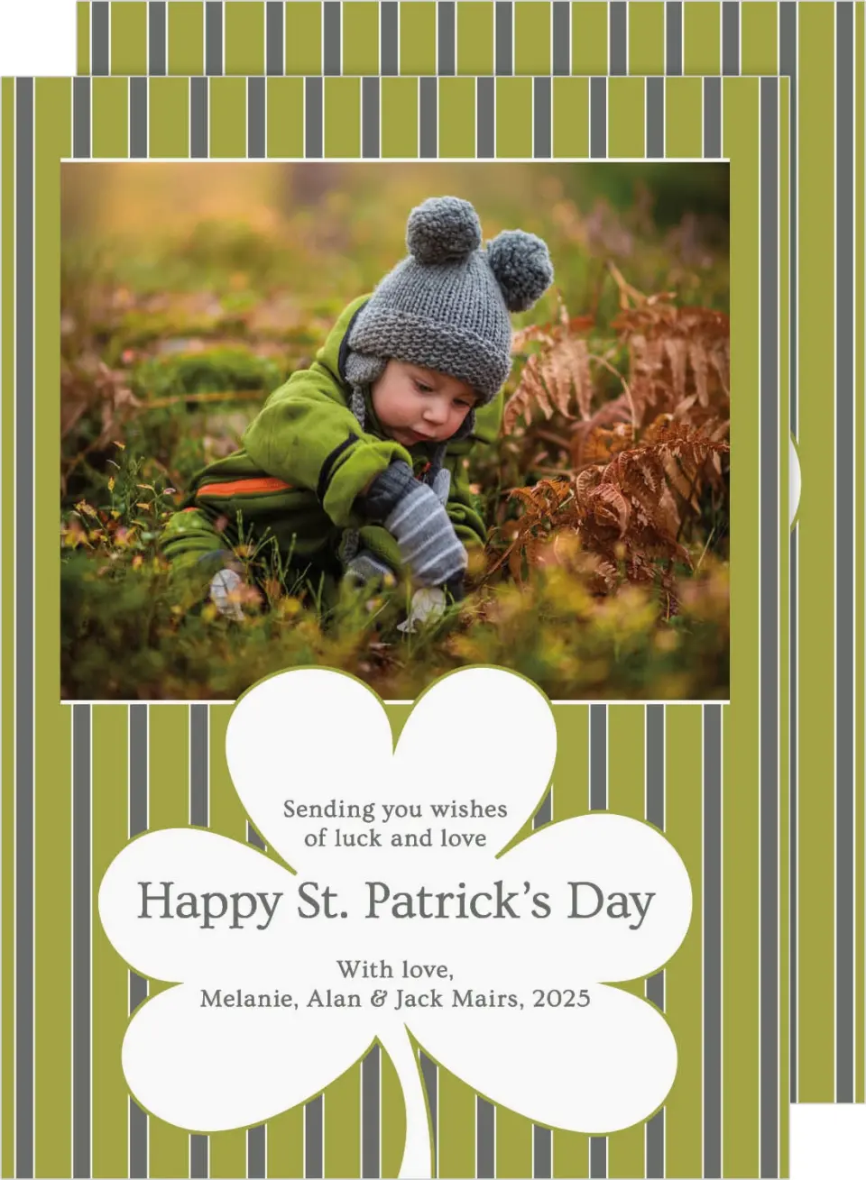 This is a 5" x 7" St. Patrick's Card called Classic Clover and Stripes printed in full color on Premium Smooth paper