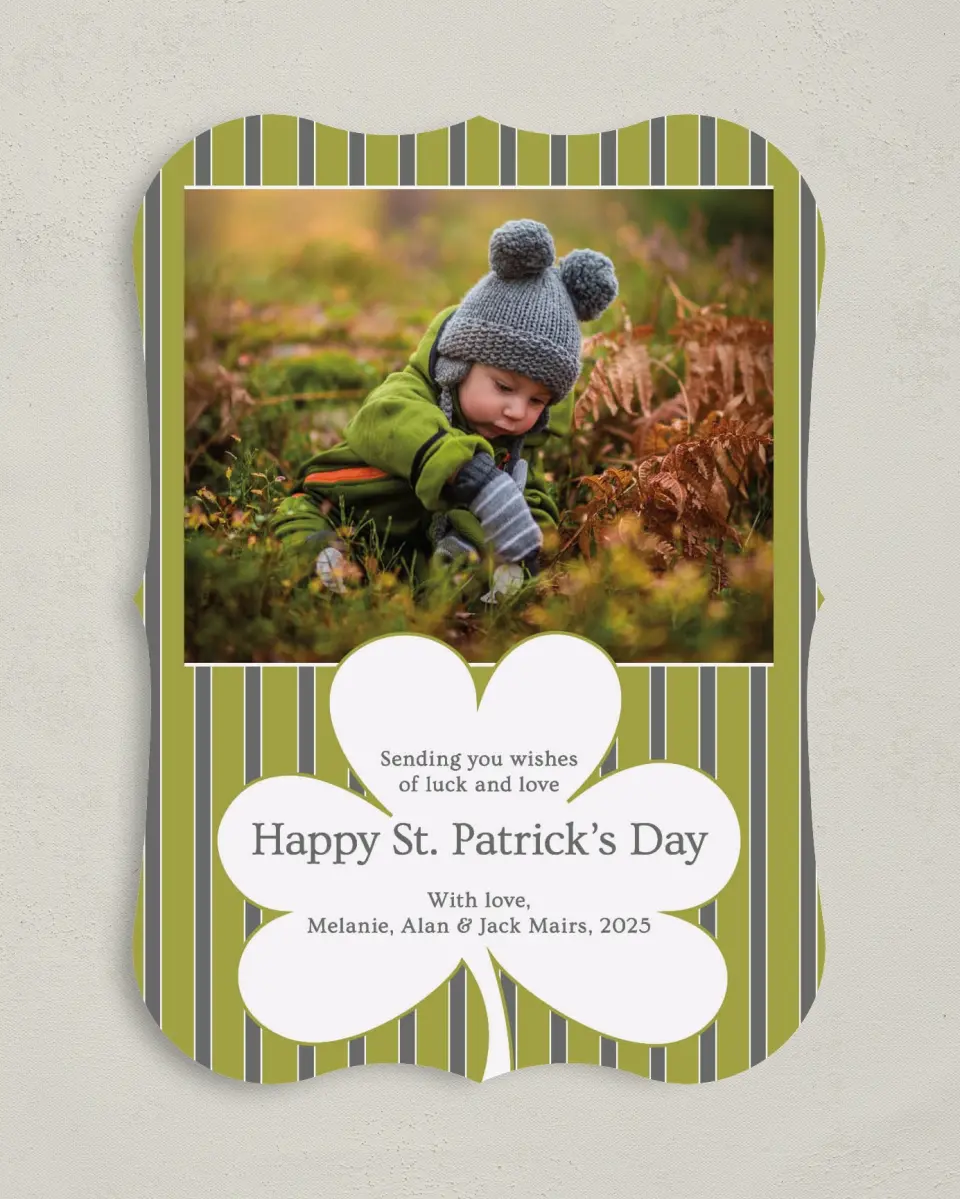 This is a 5" x 7" St. Patrick's Card called Classic Clover and Stripes printed in full color on Premium Smooth paper