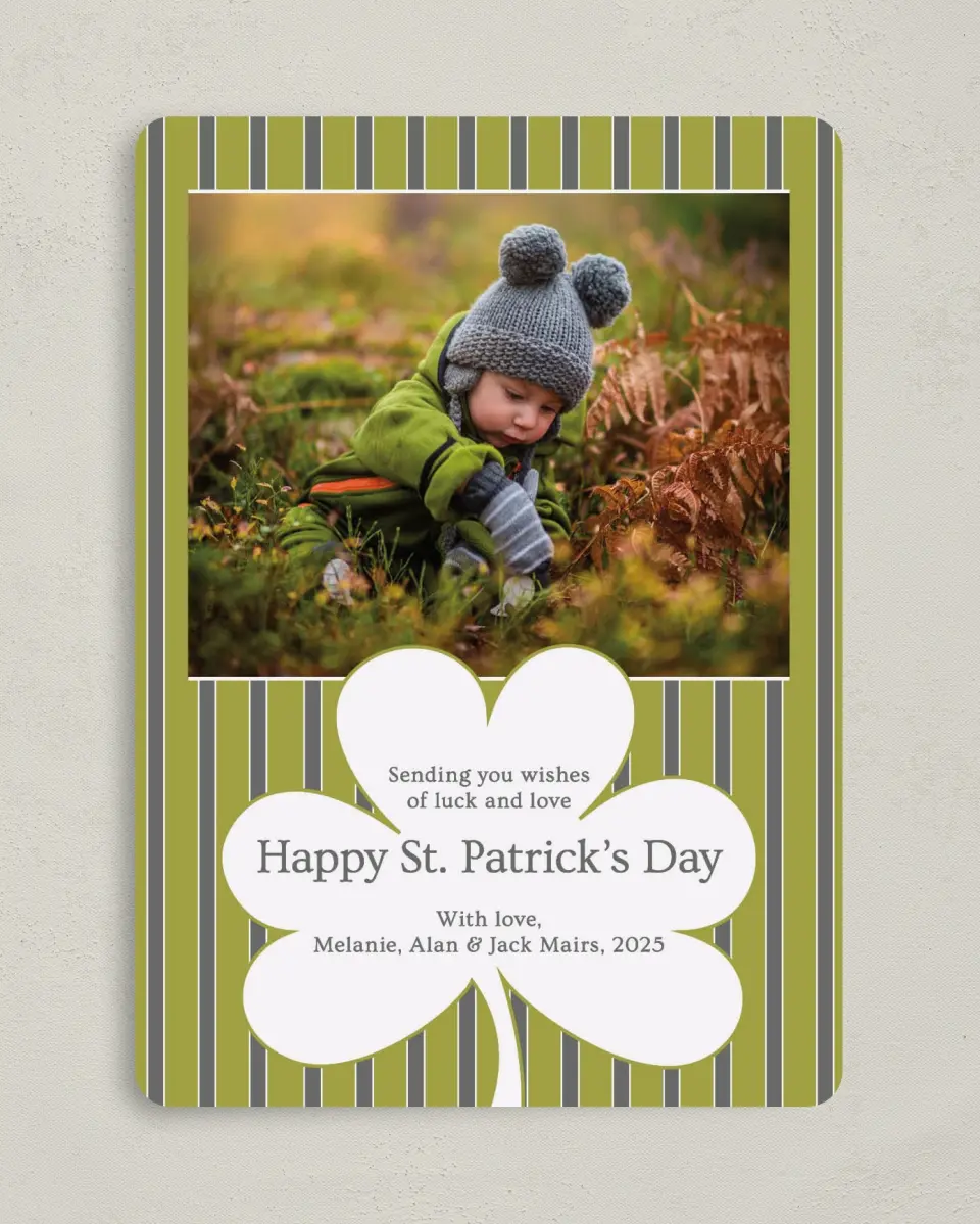 This is a 5" x 7" St. Patrick's Card called Classic Clover and Stripes printed in full color on Premium Smooth paper
