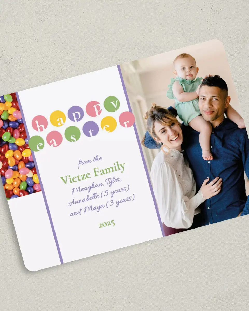 This is a 5" x 7" Easter Card called Bright Easter Jelly Beans printed in full color on Premium Smooth paper