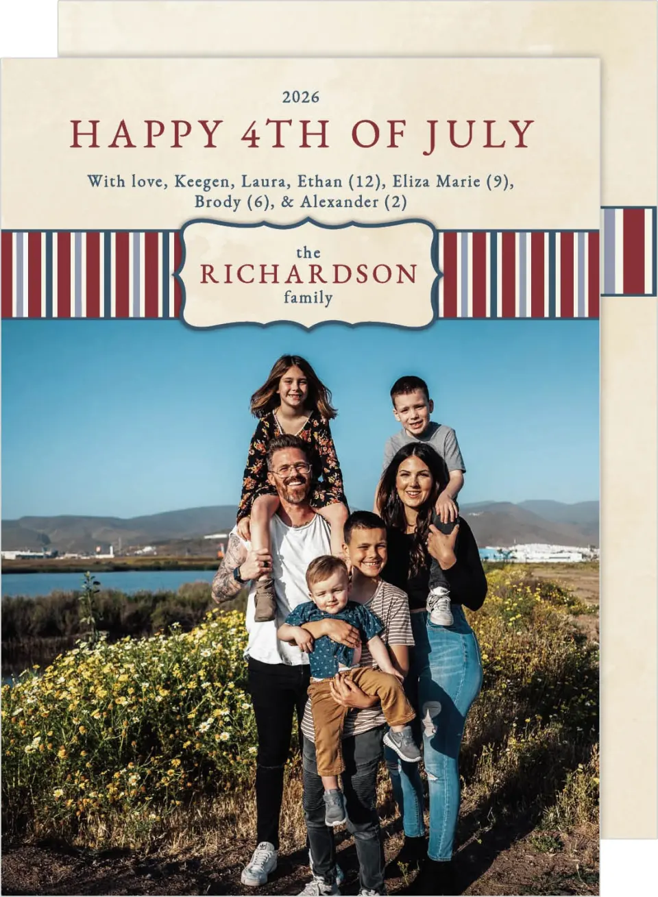 This is a 5" x 7" 4th of July Card called Emblem Banner Stripes printed in full color on Premium Smooth paper