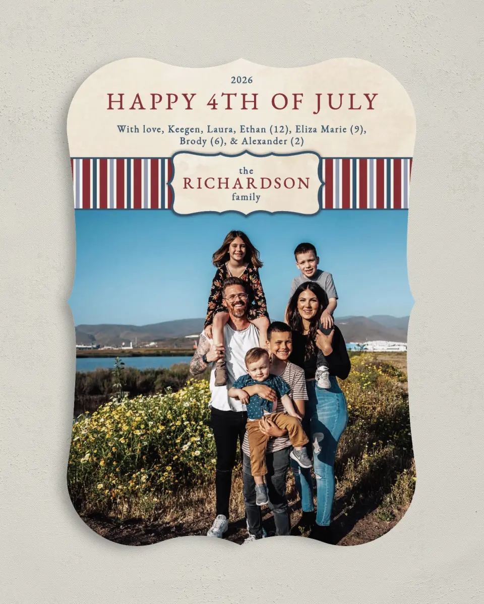 This is a 5" x 7" 4th of July Card called Emblem Banner Stripes printed in full color on Premium Smooth paper