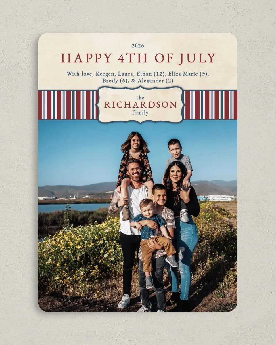 This is a 5" x 7" 4th of July Card called Emblem Banner Stripes printed in full color on Premium Smooth paper