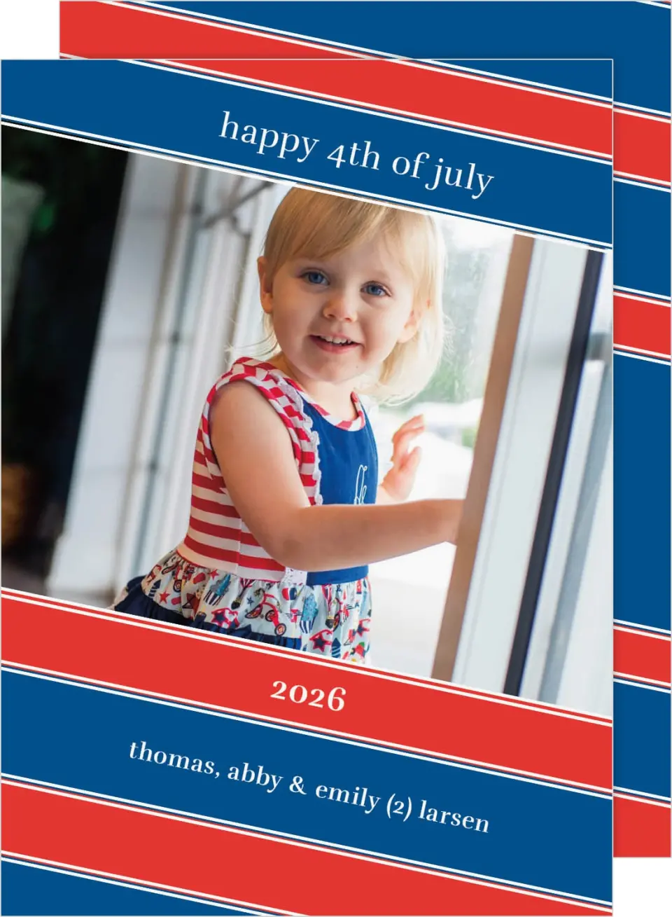 This is a 5" x 7" 4th of July Card called Patriotic Diagonal Ribbons printed in full color on Premium Smooth paper