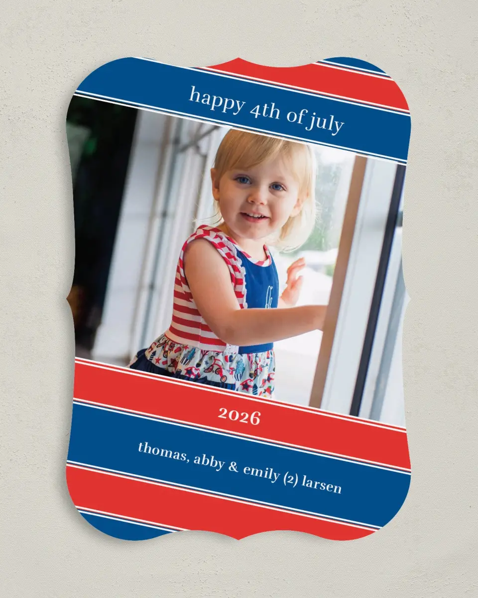 This is a 5" x 7" 4th of July Card called Patriotic Diagonal Ribbons printed in full color on Premium Smooth paper