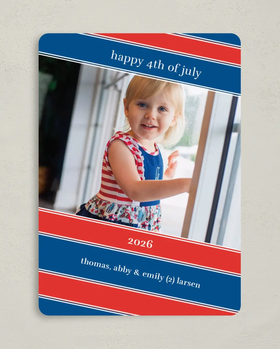 This is a 5" x 7" 4th of July Card called Patriotic Diagonal Ribbons printed in full color on Premium Smooth paper