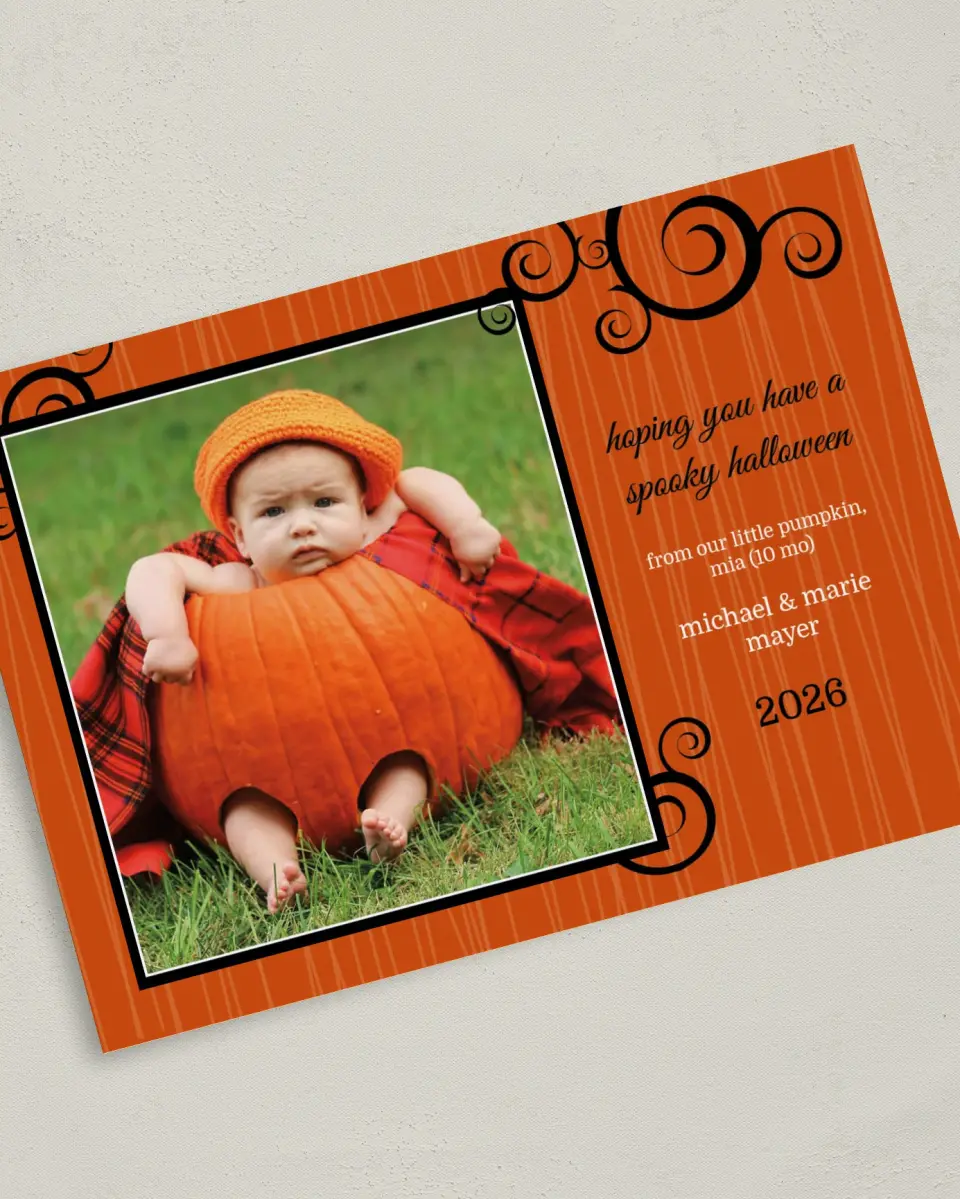 This is a 5" x 7" Halloween Card called Pumpkin Vines & Stripes printed in full color on Premium Smooth paper