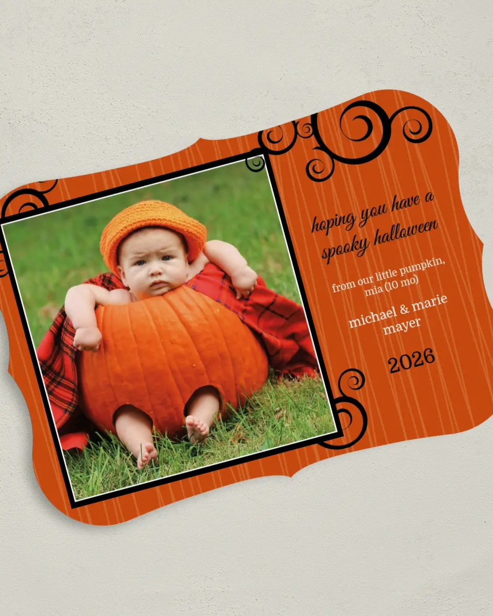 This is a 5" x 7" Halloween Card called Pumpkin Vines & Stripes printed in full color on Premium Smooth paper