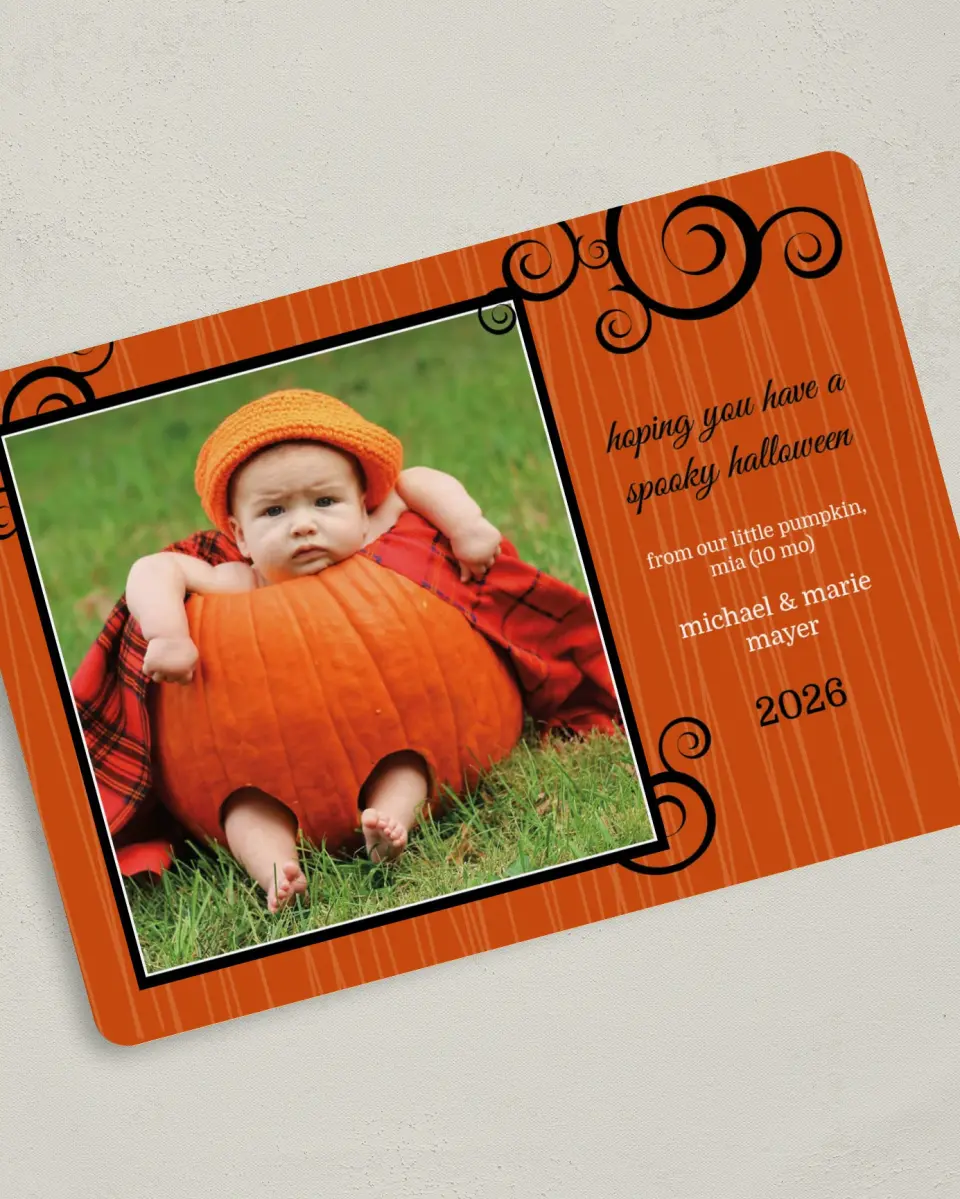 This is a 5" x 7" Halloween Card called Pumpkin Vines & Stripes printed in full color on Premium Smooth paper