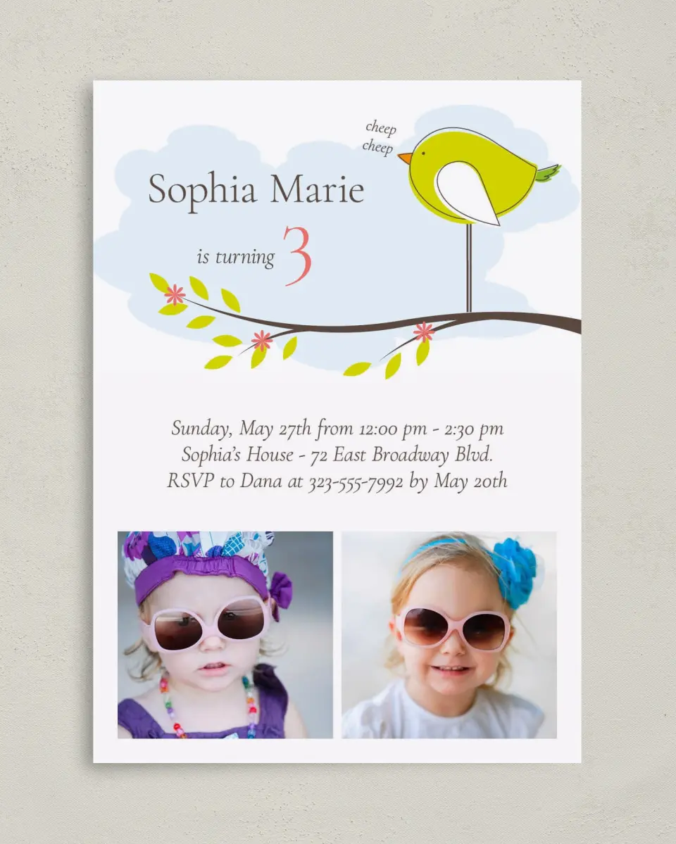 This is a 5" x 7" Birthday Party Invitation called Cheep, Cheep, Cheep printed in full color on Premium Smooth paper