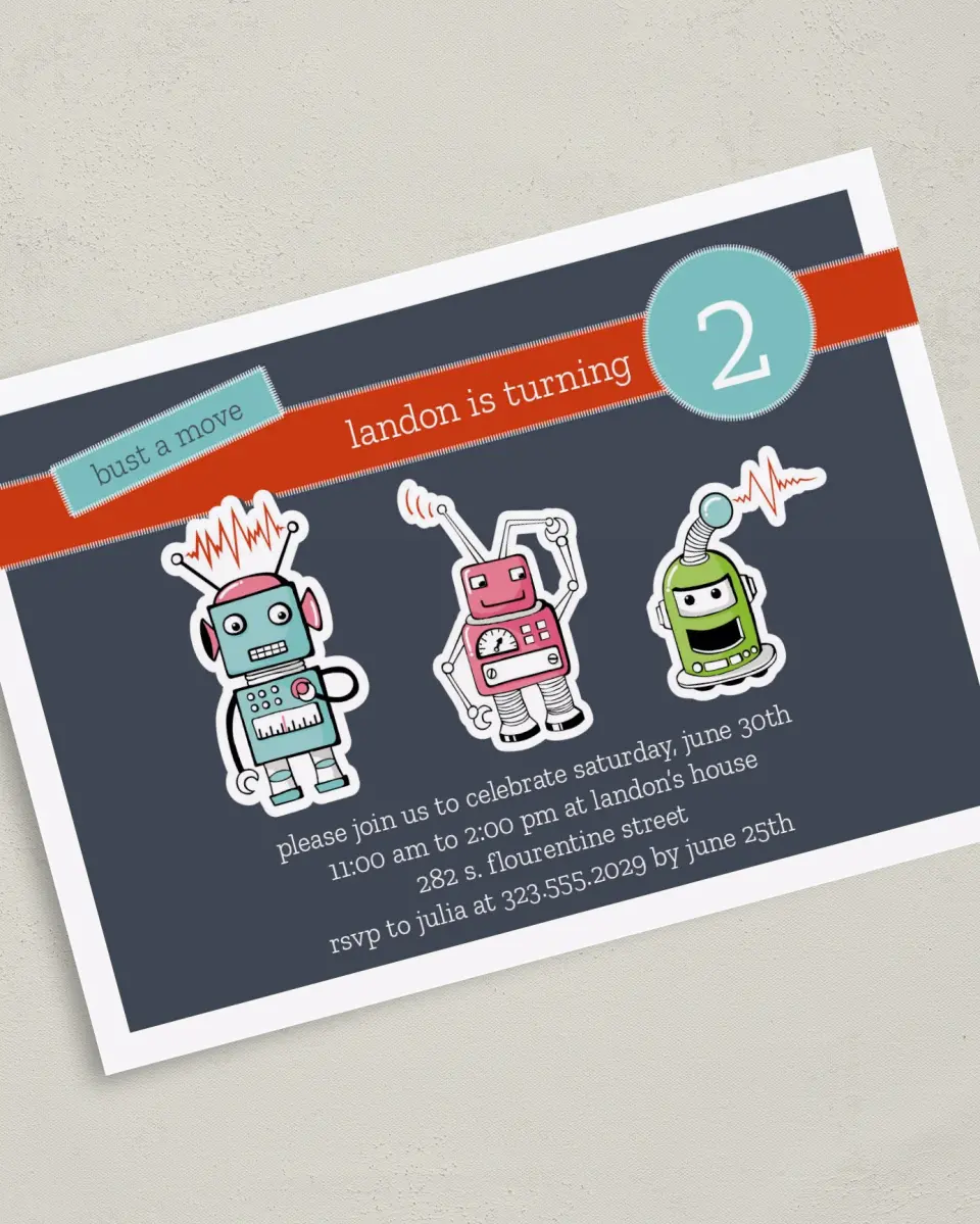 This is a 5" x 7" Birthday Party Invitation called Bust a Move printed in full color on Premium Smooth paper