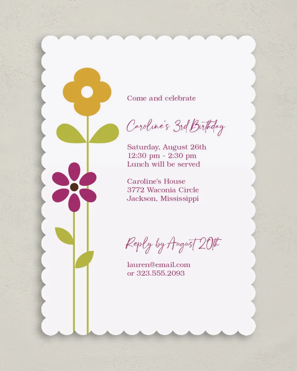 This is a 5" x 7" Birthday Party Invitation called Single Stems printed in full color on Premium Smooth paper