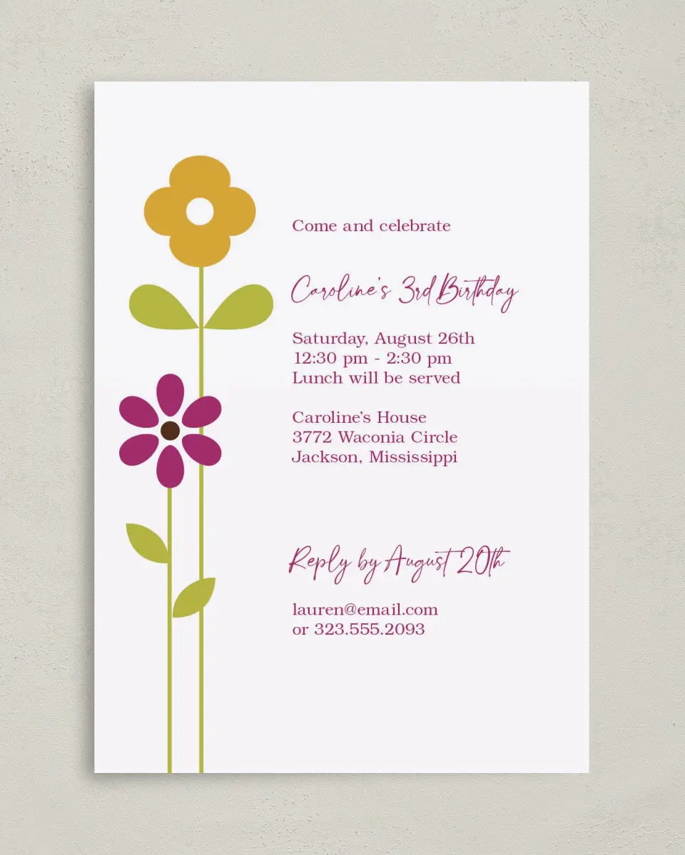 This is a 5" x 7" Birthday Party Invitation called Single Stems printed in full color on Premium Smooth paper